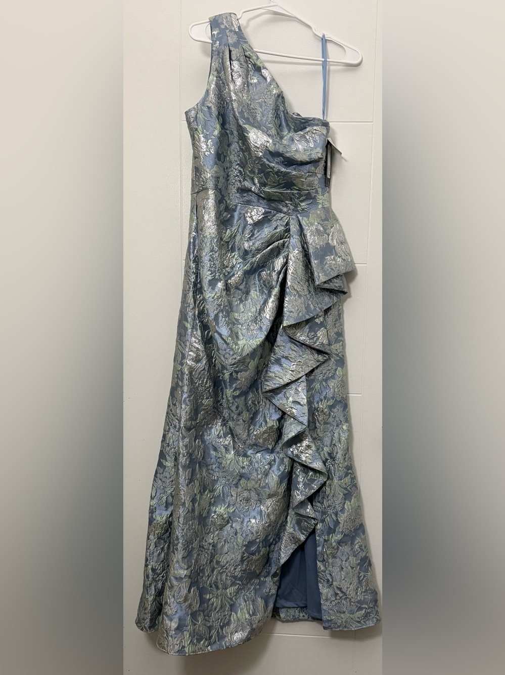 Xscape One-Shoulder Jacquard Evening Gown in Silver and Blue-Green